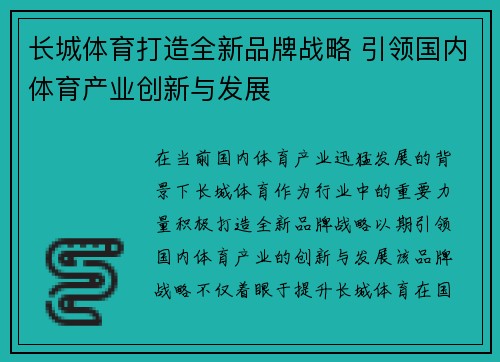 长城体育打造全新品牌战略 引领国内体育产业创新与发展